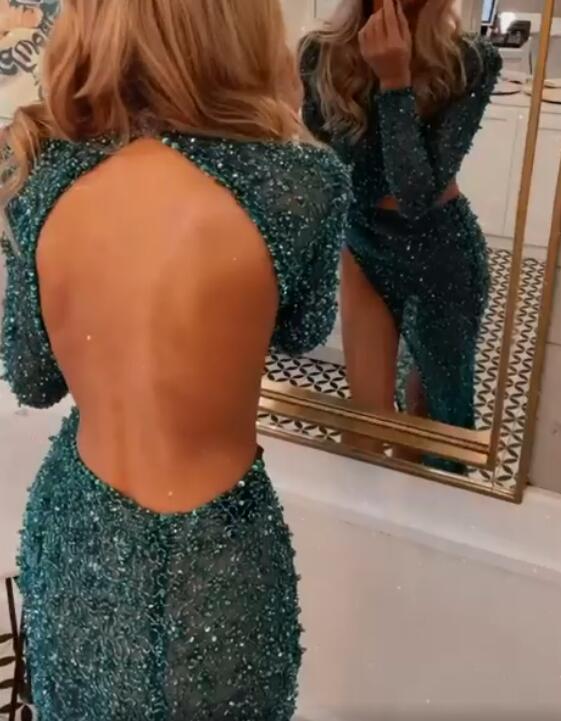 Sexy Green Long A-line Sequins Front Slit Backless Prom Dress with Sleeves-showprettydress