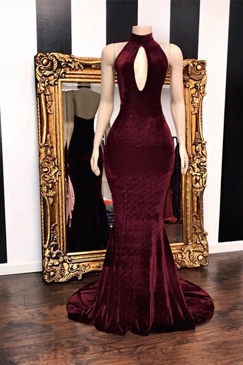 Sexy Halter V-neck Mermaid Prom Dress Burgundy Long Chiffon-showprettydress