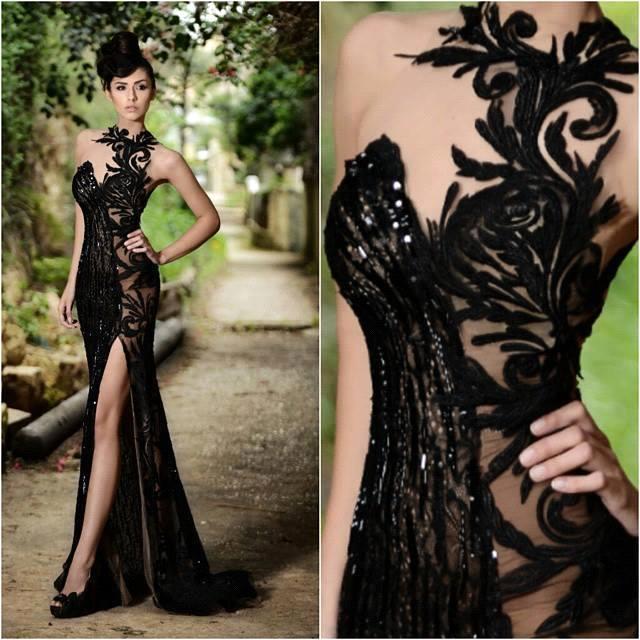 Sexy High Neck Evening Dress Lace Black Front Slit-showprettydress