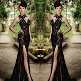Sexy High Neck Evening Dress Lace Black Front Slit-showprettydress
