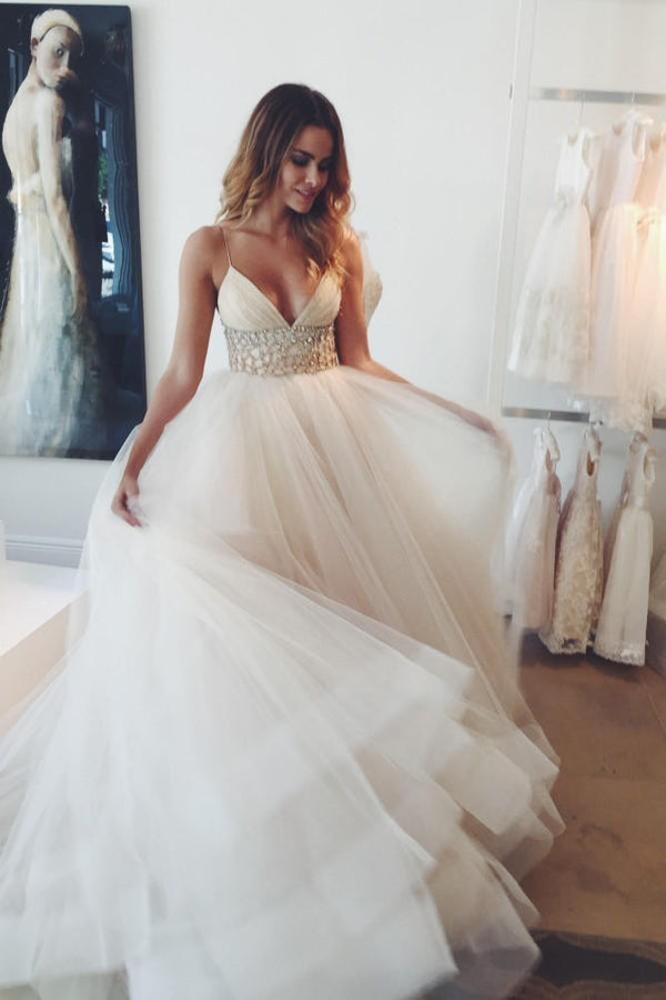 Sexy Ivory Long A-line V-neck Spaghetti Straps Tulle Wedding Dress-showprettydress