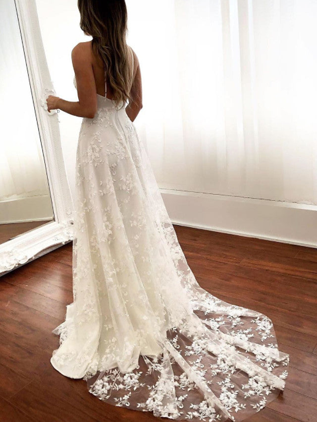 Sexy Long A-Line Spaghetti Strap Lace Backless Wedding Dresseswith Slit-showprettydress