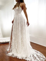 Sexy Long A-Line Spaghetti Strap Lace Backless Wedding Dresseswith Slit-showprettydress