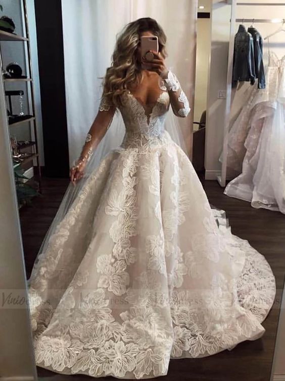 Sexy Long A-Line V-neck Appliques Lace Pearl Wedding Dress with Sleeves-showprettydress