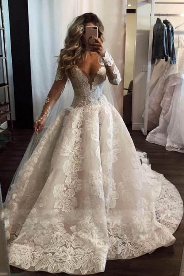 Sexy Long A-Line V-neck Appliques Lace Pearl Wedding Dress with Sleeve