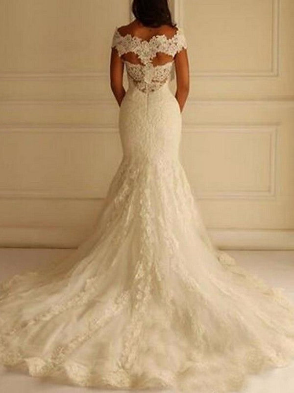 Sexy Long Mermaid Off the Shoulder Lace Wedding Dresses-showprettydress