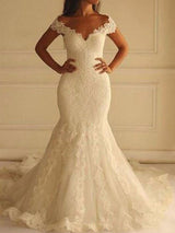 Sexy Long Mermaid Off the Shoulder Lace Wedding Dresses-showprettydress