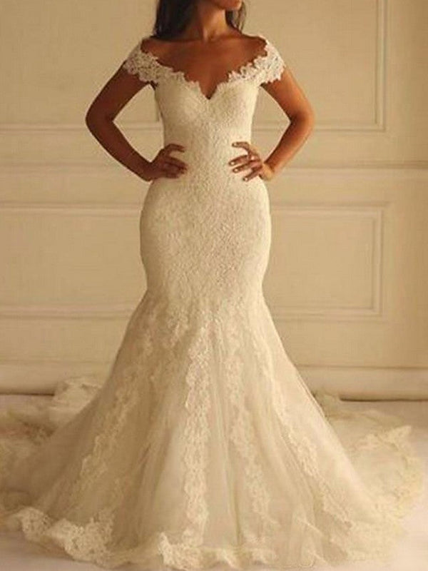 Sexy Long Mermaid Off the Shoulder Lace Wedding Dresses-showprettydress