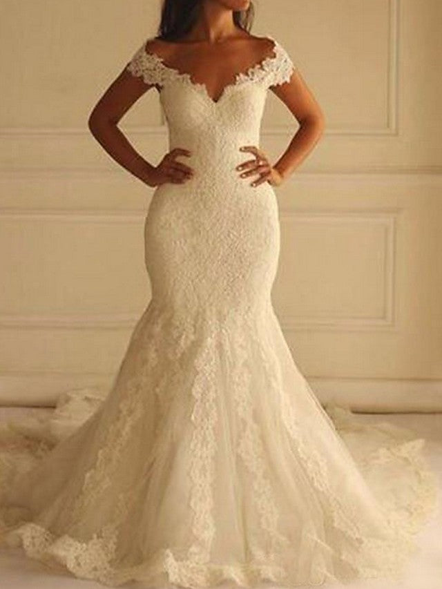 Sexy Long Mermaid Off the Shoulder Lace Wedding Dresses-showprettydress