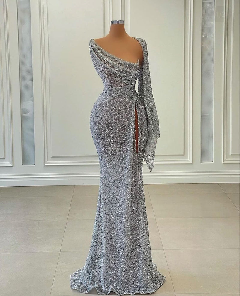 Sexy Long Mermaid One Shoulder Sequins Formal Prom Dress with Slit-showprettydress