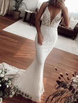 Sexy Long Mermaid V-neck Lace Tulle Wedding Dresses-showprettydress