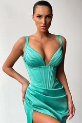 Sexy Long Mermaid V-neck Satin Prom Dress with Slit-showprettydress