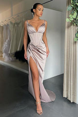Sexy Long Mermaid V-neck Satin Prom Dress with Slit-showprettydress