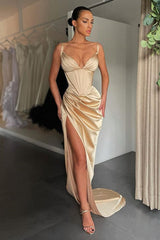 Sexy Long Mermaid V-neck Satin Prom Dress with Slit-showprettydress