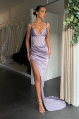 Sexy Long Mermaid V-neck Satin Prom Dress with Slit-showprettydress