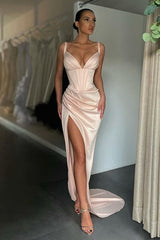 Sexy Long Mermaid V-neck Satin Prom Dress with Slit-showprettydress