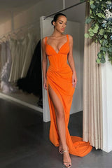 Sexy Long Mermaid V-neck Satin Prom Dress with Slit-showprettydress
