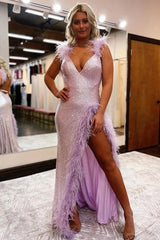 Sexy Long Mermaid V-neck Sequined Backless Prom Dress With Slit-showprettydress