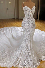 Sexy Long Mermaid V-neck Spaghetti Straps Appliques Lace Wedding Dress-showprettydress