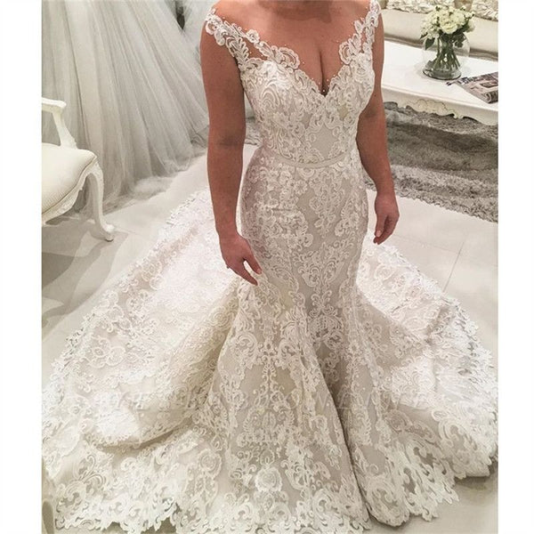 Sexy Long Mermaid V-neck Spaghetti Straps Appliques Lace Wedding Dress-showprettydress