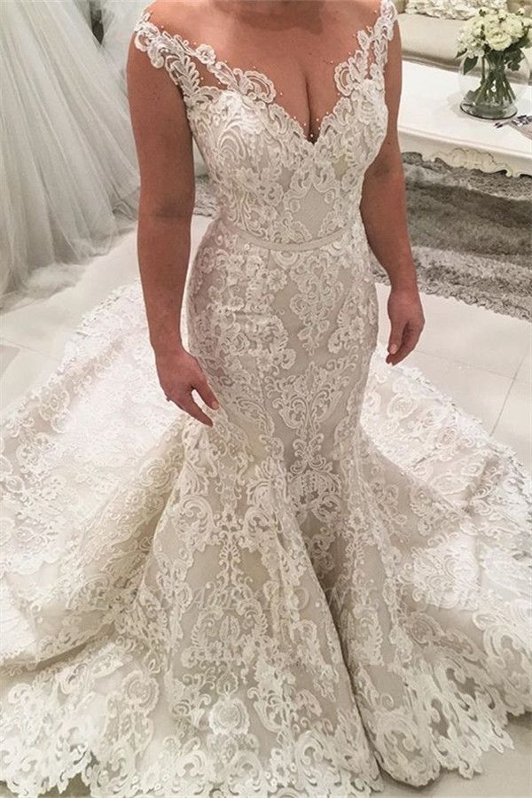Sexy Long Mermaid V-neck Spaghetti Straps Appliques Lace Wedding Dress-showprettydress
