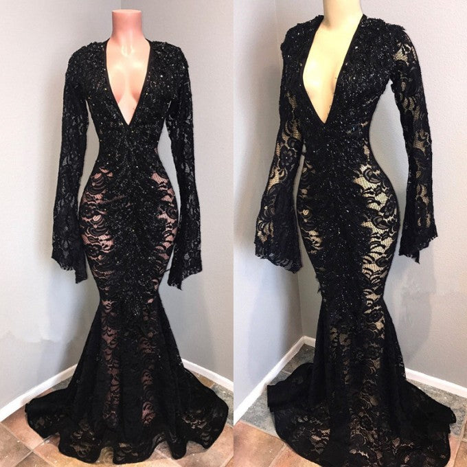 Sexy Long Sleeves Black Mermaid Prom Dress Lace V-neck Long-showprettydress
