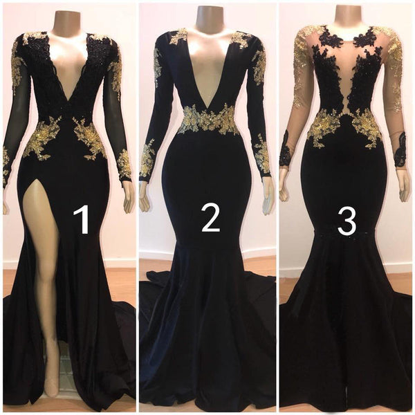 Sexy Long Sleeves Black Mermaid Prom Dress Sequins Long Deep V-neck With Split-showprettydress