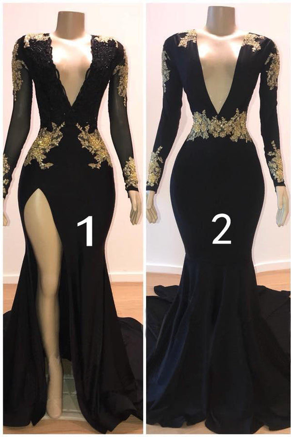 Sexy Long Sleeves Black Mermaid Prom Dress Sequins Long Deep V-neck With Split-showprettydress