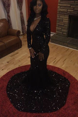 Sexy Long Sleeves Black Mermaid Prom Dress Sequins V-neck Long-showprettydress