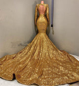 Sexy Long Sleeves Gold Mermaid Prom Dress Sequins V-neck Backless Long-showprettydress