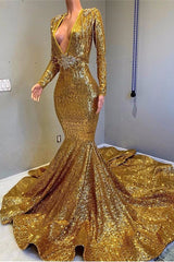 Sexy Long Sleeves Gold Mermaid Prom Dress Sequins V-neck Backless Long-showprettydress