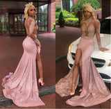 Sexy Long Sleeves Round Collar Prom Dress Pink Sequins Long Backless With Split-showprettydress