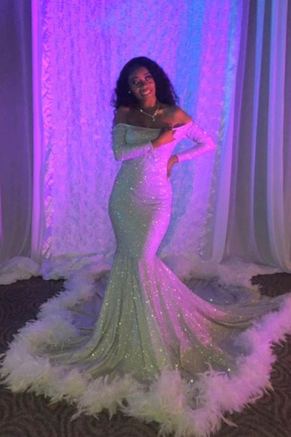 Sexy Long Sleeves Silvery Mermaid Prom Dress Sequins Strapless Long-showprettydress