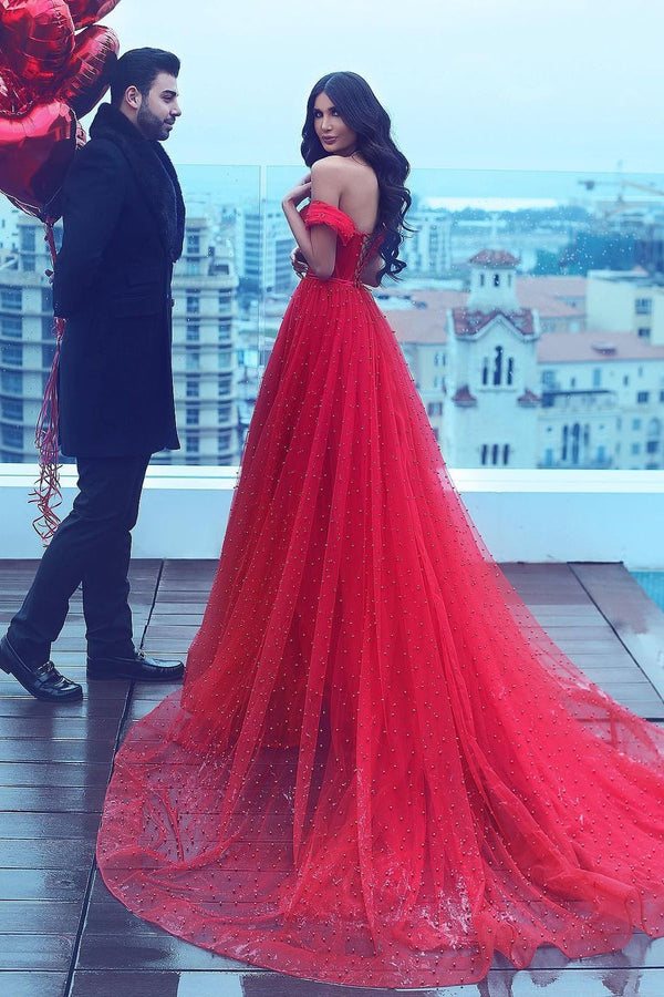 Sexy Off-the-shoulder Red Evening Dress Long Tulle Beaded-showprettydress