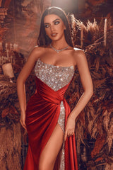 Sexy Red Front Slit Chiffon Evening Dress Strapless Sequins Long-showprettydress