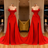 Sexy Red Long Mermaid Off-the-Shoulder Prom Dress With Split-showprettydress