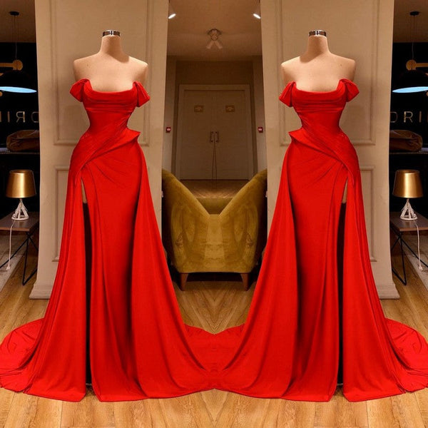 Sexy Red Long Mermaid Off-the-Shoulder Prom Dress With Split-showprettydress