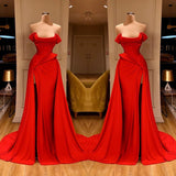Sexy Red Long Mermaid Off-the-Shoulder Prom Dress With Split-showprettydress
