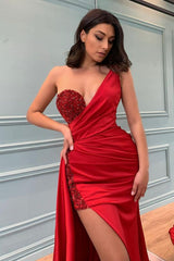 Sexy Red Long Mermaid One Shoulder Slit Prom Dress With Sequins Beadings-showprettydress