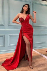 Sexy Red Long Mermaid One Shoulder Slit Prom Dress With Sequins Beadings-showprettydress