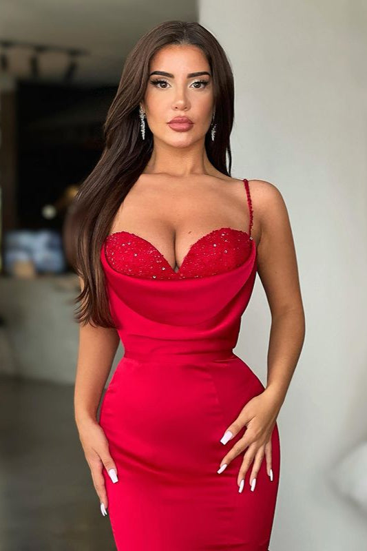 Sexy Red Long Mermaid Spaghetti Straps Satin Prom Dress-showprettydress