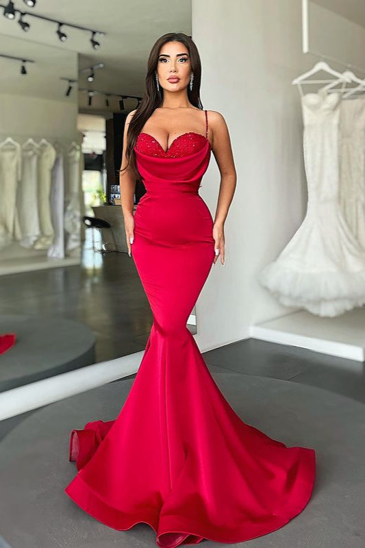 Sexy Red Long Mermaid Spaghetti Straps Satin Prom Dress-showprettydress