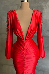 Sexy Red Long Sleeves Mermaid Deep V-Neck Prom Dress-showprettydress