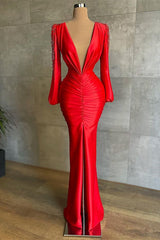 Sexy Red Long Sleeves Mermaid Deep V-Neck Prom Dress-showprettydress