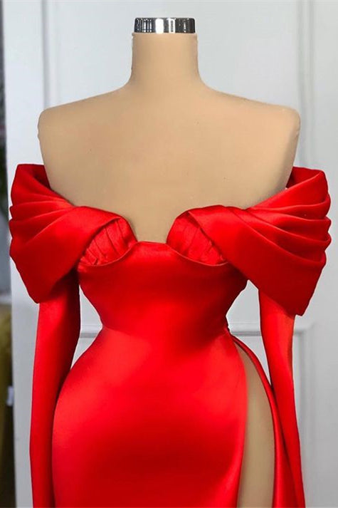 Sexy Red Long Sleeves Mermaid Prom Dress Off-the-Shoulder With Slit-showprettydress