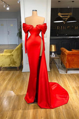 Sexy Red Long Sleeves Mermaid Prom Dress Off-the-Shoulder With Slit-showprettydress