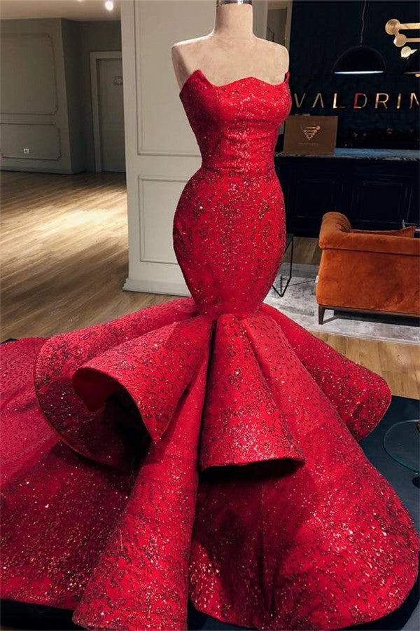 Sexy Red Strapless Mermaid Prom Dress Sequins Long-showprettydress