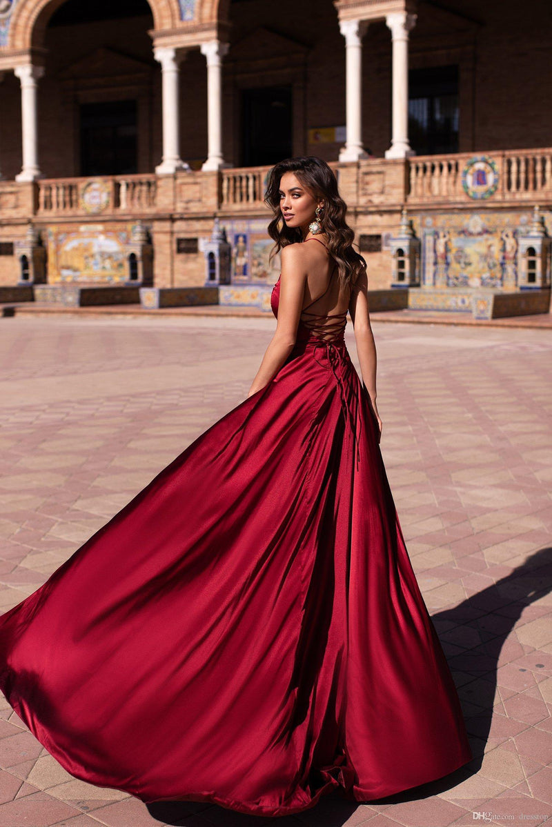 Sexy Red V-neck Spaghetti Straps Prom Dress Long-showprettydress