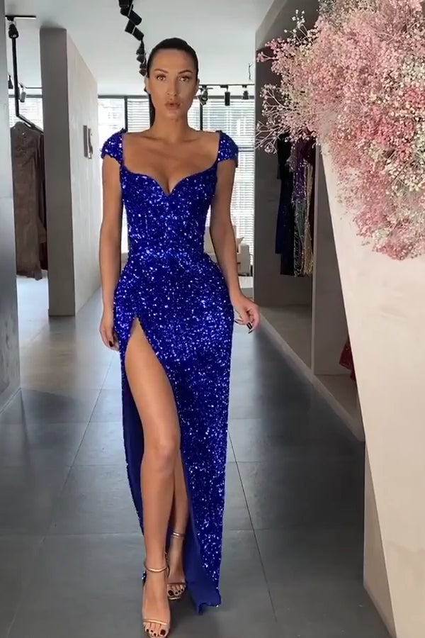 Sexy Royal Blue Long Mermaid Sequins Prom Dress Split-showprettydress