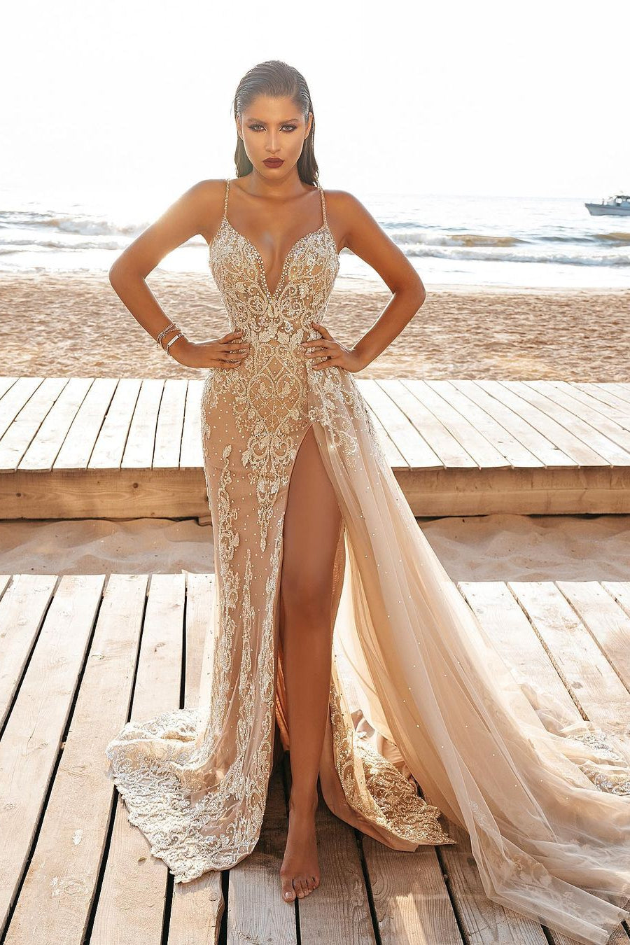 Sexy Spaghetti-Straps Mermaid Lace Evening Gowns With Slit-showprettydress